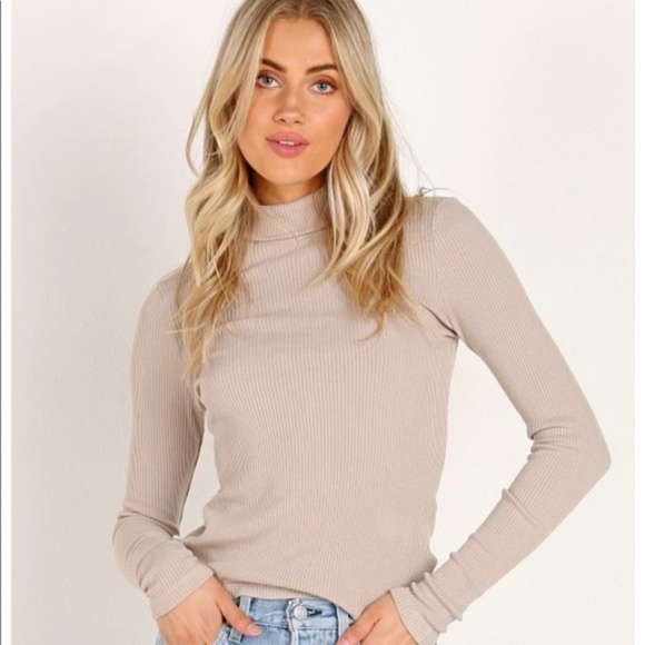 Sweaters - Oatmeal Beige Mock Neck Turtleneck Ribbed Sweater